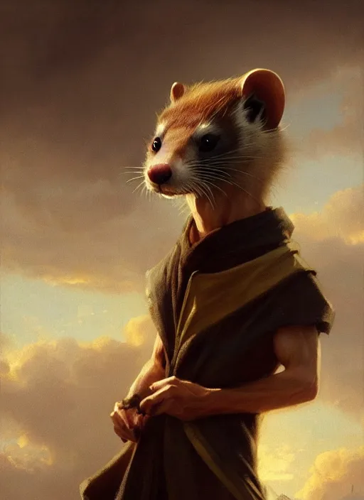 Image similar to a beautiful close - up shot from a fantasy film of an anthropomorphic ferret with bright golden eyes wearing a loose tunic. joseph ducreux, greg rutkowski.