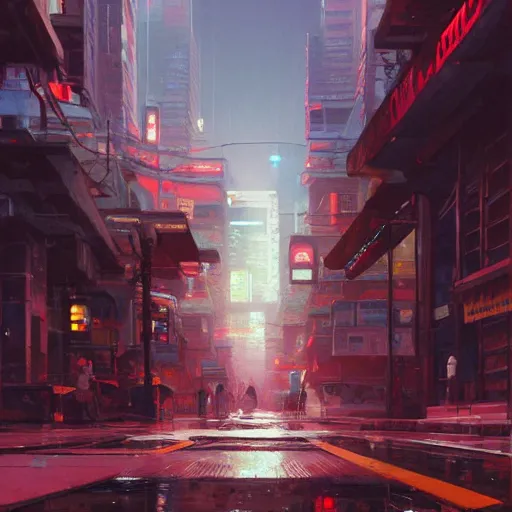 Image similar to A ultra detailed beautiful painting of a cyberpunk city street, oil panting, high resolution 4K, by Ilya Kuvshinov, Greg Rutkowski and Makoto Shinkai