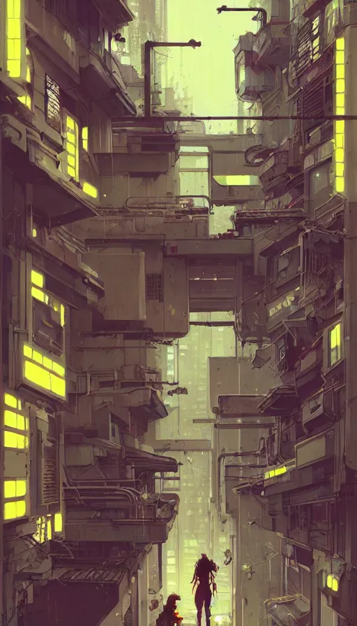 Image similar to hyper - realistic portrait of cyberpunk tokyo balcony in style of atey ghailan, by greg rutkowski, by greg tocchini, by james gilleard, by joe fenton, by kaethe butcher, dynamic lighting, gradient light yellow, brown, blonde cream and white color scheme, grunge aesthetic