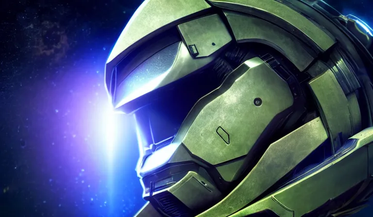 Image similar to cyberpunk halo helmet on space, planet behind, close shot, reflection, epic, dramatic, cinematic, award winning, ultra detailed, realistic, 8k,