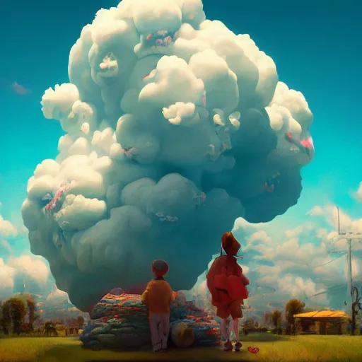 Image similar to puffy clouds, james jean style, drew struzan movie poster, vfx art, unreal engine render, claymation style, colourful, volumetric light, digital painting, digital illustration, dramatic light,