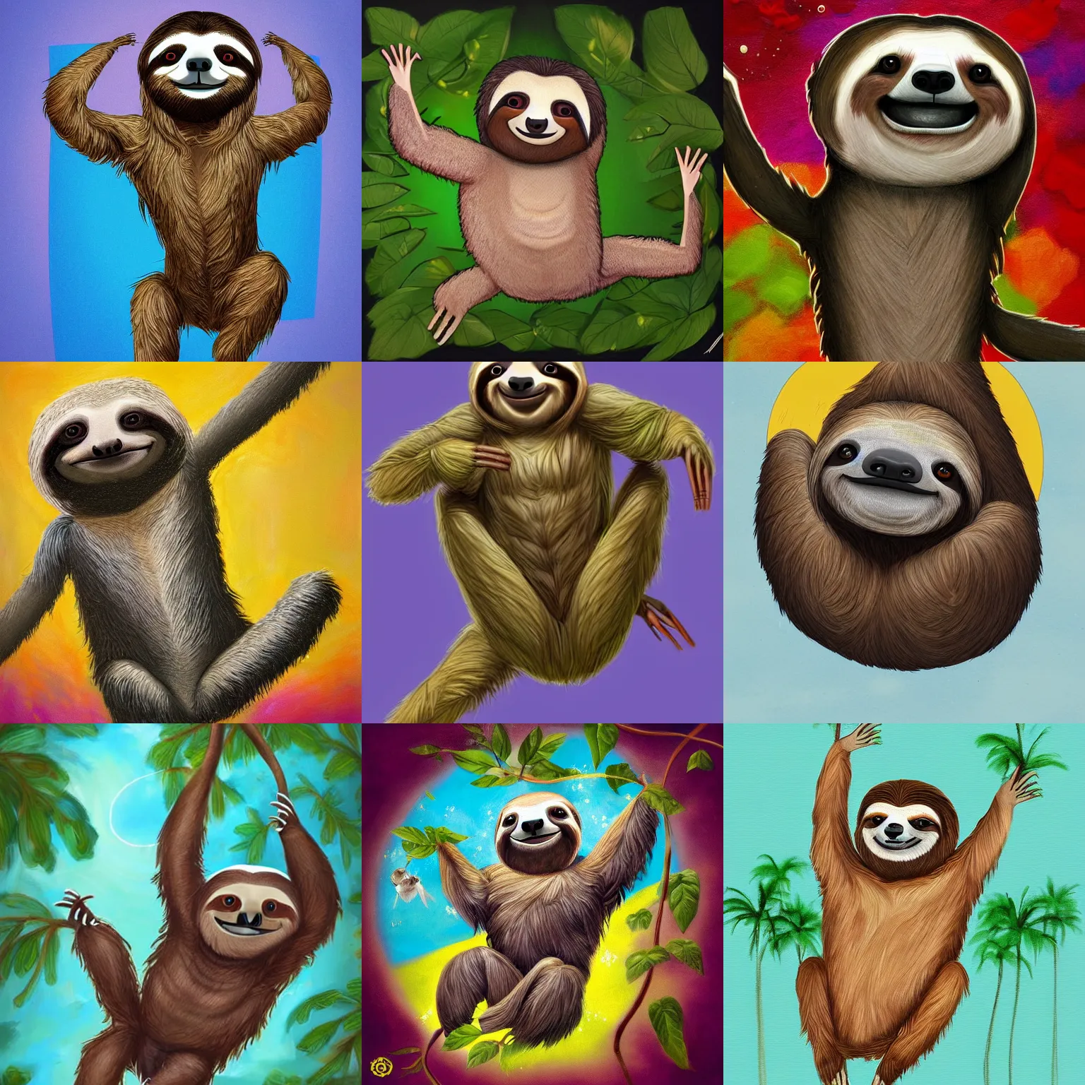 Image similar to beautiful art of a sloth dancing with joy, full body art, trending on ArtStation