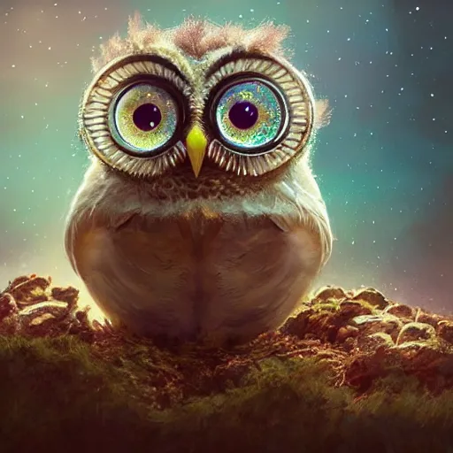 Image similar to long shot of a very cute owl chick nesting in a very futuristic cup, esao andrews, m. w. kaluta, humorous illustration, hyperrealistic, big depth of field, warm colors, night scenery, low light, 3 d octane render, 4 k, conceptart, hyperdetailed, hyperrealistic, trending on artstation