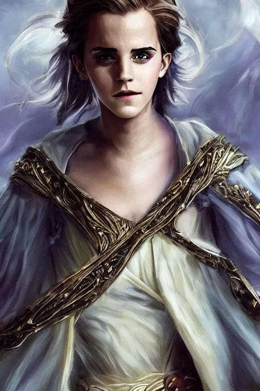 Prompt: beautiful portrait of emma watson as a fantasy dungeons and dragons sorceress wearing arcane magical robes