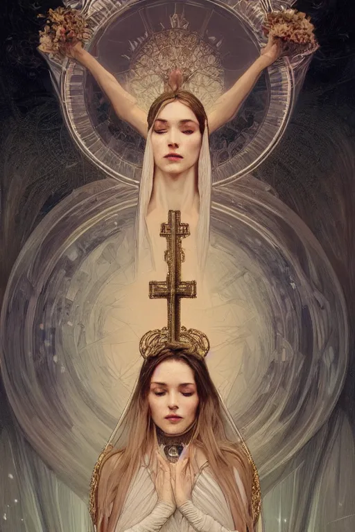 Image similar to a full body portrait of a beautiful ethereal delicate mage queen meditative sacral pose catholic stages of the cross, intricate, elegant, highly detailed, digital painting, artstation, concept art, smooth, sharp focus, illustration, art by krenz cushart and artem demura and alphonse mucha