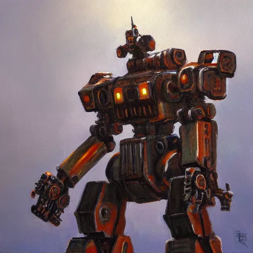 Prompt: A painting of a mech in the style of James Gurney, oil on canvas