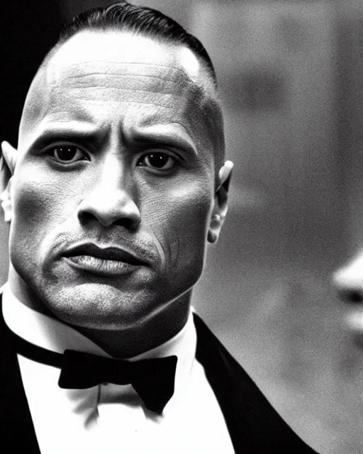 Image similar to film still close up shot of dwayne johnson as vito corleone from the movie the godfather. photographic, photography