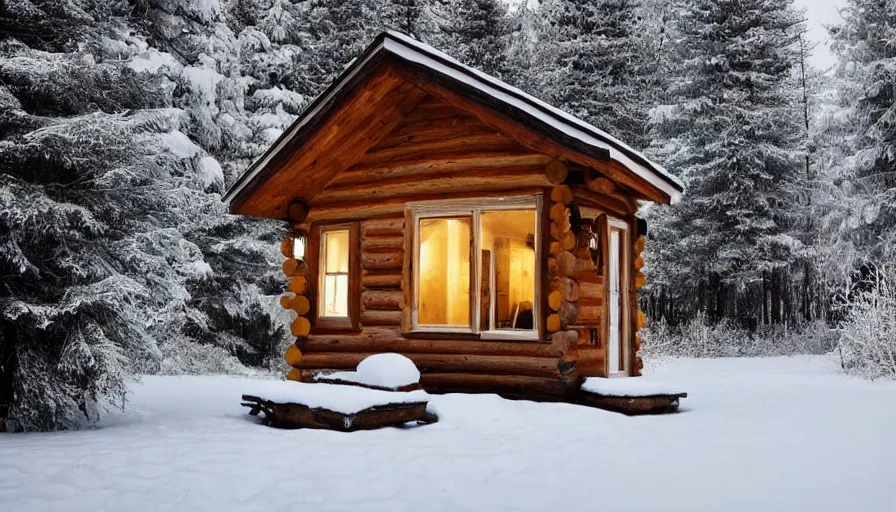 Image similar to empty cozy interior of small cabin, warm, outside winter landscape