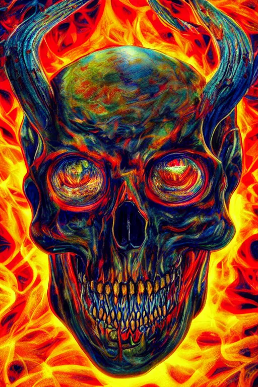 Image similar to 35 mm lens photo of chthonic scull lsd colors with sharp teeth and glowing demonic eyes and rgb background smoke, direct sunlight, glowing, vivid, detailed painting, Houdini algorhitmic pattern, by Ross Tran, WLOP, artgerm and James Jean, masterpiece, award winning painting