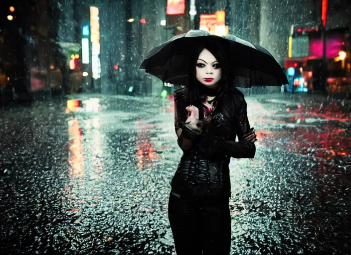 Prompt: closeup portrait of emo vampire goth miranda cosgrove standing in the rain in a dark cyberpunk city, heavy make - up running down face, neon reflections in the puddles, portra 4 0 0 candid photograph portrait by annie leibovitz, 3 5 mm macro shot, f / 3 2, hyperrealistic, cinematic lighting, hd wallpaper, 8 k, 4 k