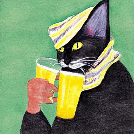 Prompt: a cat wearing a black colored bucket hat and a scarf with black and yellow stripes drinking a beer at an outdoor bar, children\'s book watercolor drawing