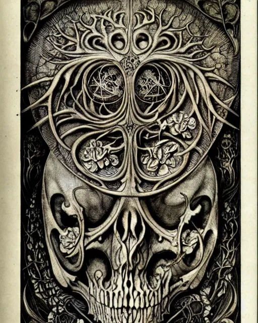 Image similar to memento mori by arthur rackham, art forms of nature by ernst haeckel, exquisitely detailed, art nouveau, gothic, ornately carved beautiful skull dominant, intricately carved antique bone, art nouveau botanicals, ornamental bone carvings, art forms of nature by ernst haeckel, horizontal symmetry, arthur rackham, ernst haeckel