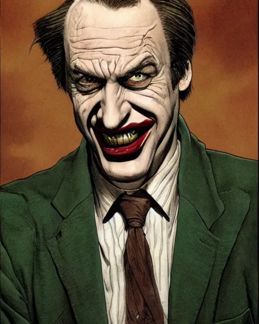 Image similar to portrait of saul goodman as the joker, illustration, art by neil gaiman and peter elson, bernie wrightson