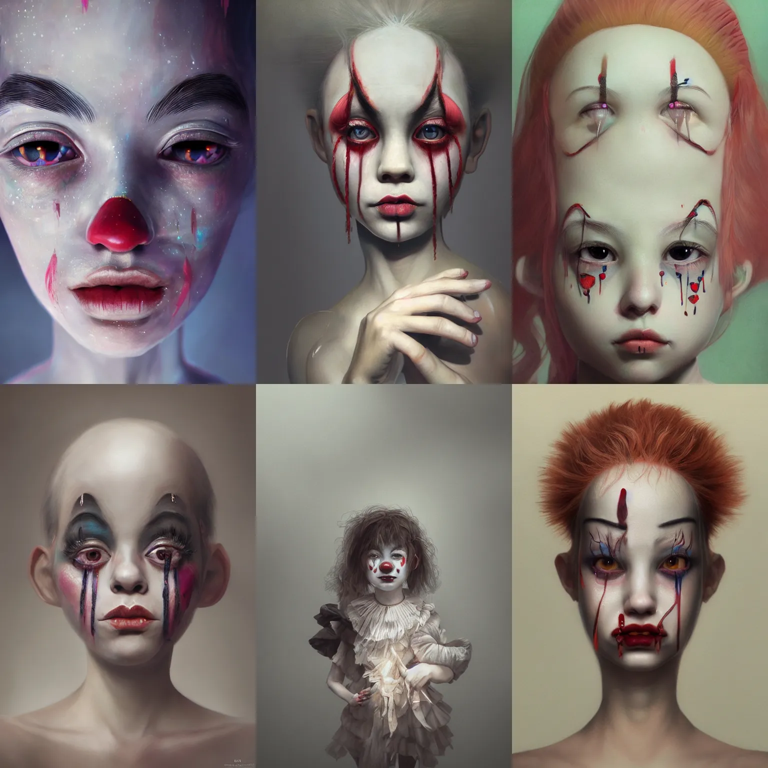 Prompt: breathtaking detailed painting of clown girl tears eyes , with anxious, piercing eyes, art by Hsiao-Ron Cheng, Ja Miyazaki, extremely moody lighting, hyperrealistic, octane render, ambient light, dynamic lighting