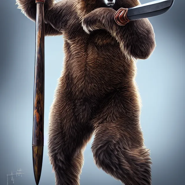 Image similar to bear warrior with a war hammer, artgerm, highly detailed, 8 k, hdr, close up, smooth, sharp focus, high resolution, award - winning photo