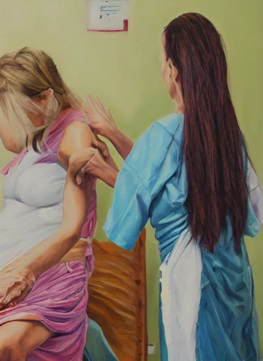 Image similar to oil painting of women getting vaccinated, high details, art by axion