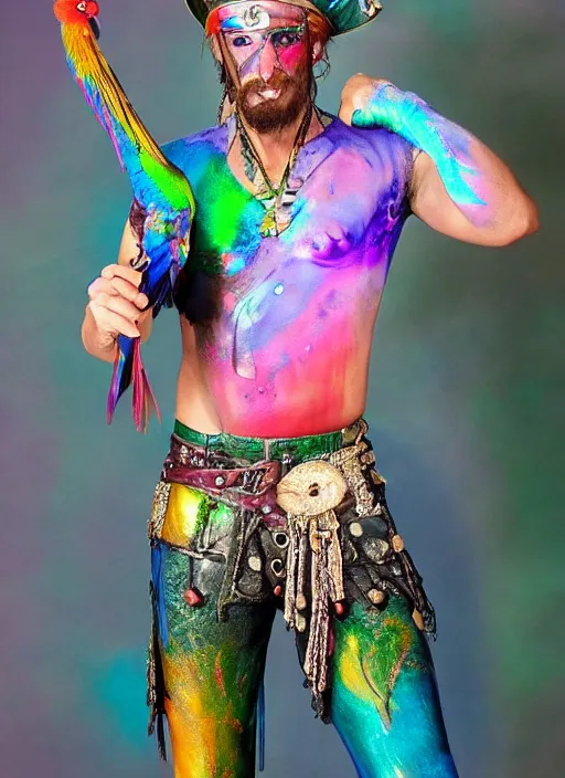 Image similar to a swashbuckling pirate! wearing iridescent body paint, posing with an iridescent parrot, fashion photo 2 0 2 2