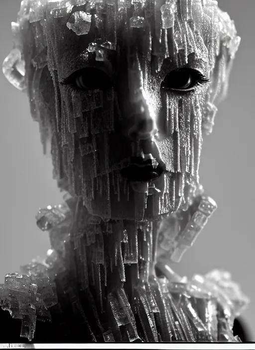 Prompt: a young female cyborg bust made of ice and smoke and wind, dramatic, ilford hp 5, closeup - view, f / 2. 8, high contrast, 1 6 k, fluorescent lamp, contre - jour, insanely detailed and intricate, hypermaximalist, elegant, ornate, hyper realistic, super detailed