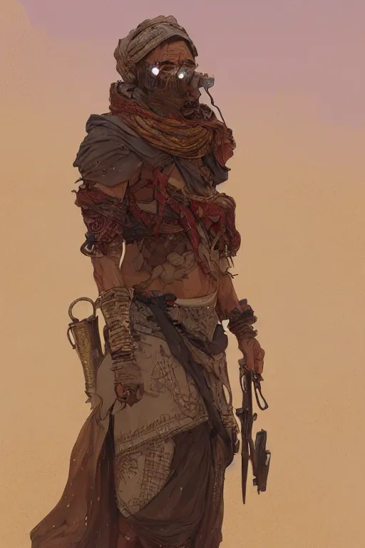 Image similar to a full body portrait of a beautiful post apocalyptic offworld desert bedouin blind barbarian leper by the road, intricate, elegant, highly detailed, digital painting, artstation, concept art, smooth, sharp focus, illustration, art by krenz cushart and artem demura and alphonse mucha