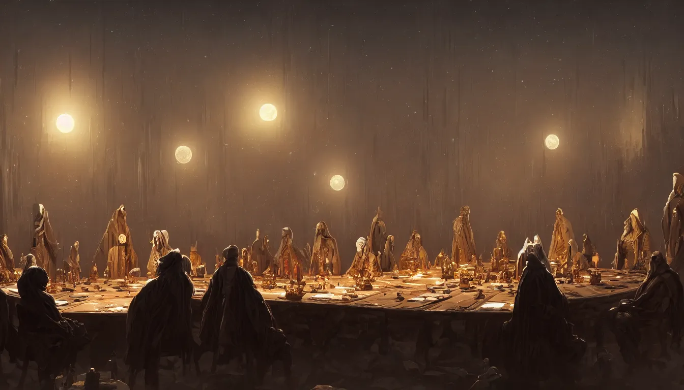 Image similar to A meeting of the council of elders, robed figures sat around a table, beautiful architecture, night time, stars visible, beautiful moon light, concept art, fantasy art, painted by Greg Rutkowski, trending on artstation, highly detailed, 8k