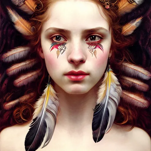 Image similar to portrait of a girl with feathers on her face, face, fantasy, intricate, elegant, dramatic lighting, highly detailed, lifelike, photorealistic, digital painting, artstation, concept art, smooth, sharp focus, illustration, art by John Collier and Krenz Cushart and Artem Demura and Alphonse Mucha and and Albert Aublet