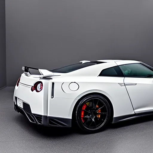 Prompt: 105mm photograph f1.8 full view white Nissan GT-R showroom beautiful lighting from 2022