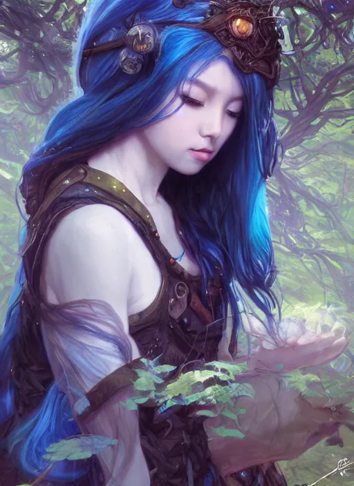 Prompt: stunningly beautiful female blue hair, dj sura face, fantasy art, fae priestess, lush forest landscape, dark light night, sharp focus, digital painting, 8 k, concept art, art by wlop, artgerm, greg rutkowski and alphonse mucha