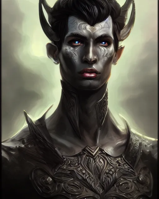 Image similar to portrait of a handsome male dark elf, obsidian skin, fantasy, intricate, elegant, highly detailed, digital painting, artstation, concept art, sharp focus, illustration