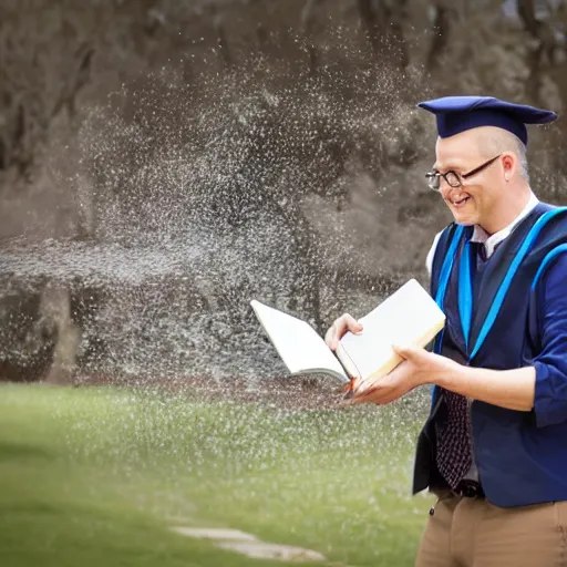 Image similar to professor throwing books at the camera