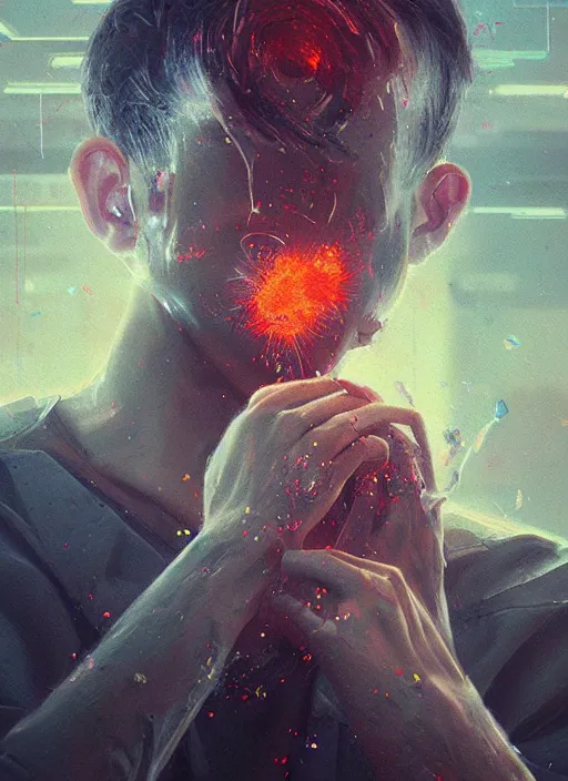 Image similar to a painting of a man grasping his head as it disintegrates into fragments, cyberpunk art by mike winkelmann, cgsociety, dystopian art, sci - fi