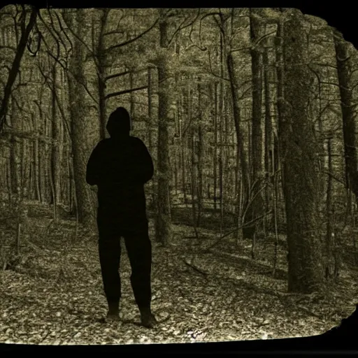 Prompt: Unknown Figure on Trailcam Footage, Dark, Realistic, Film Grain