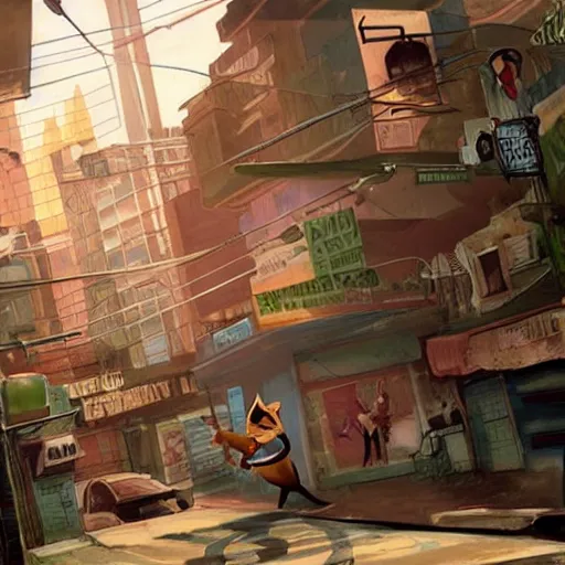 Image similar to concept art of nick wilde as max payne in max payne 3 set in gritty neo - noir zootopia, favela level