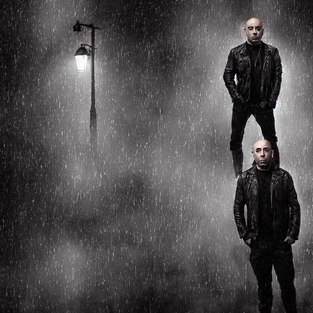 Image similar to Joe Rogan wearing a black leather jacket, leaning against a streetlight at night, gritty atmosphere, digital art, lit from above, raining