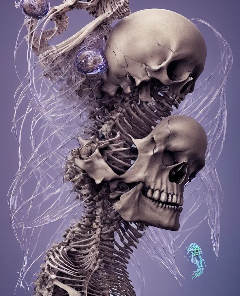 Prompt: goddess close-up portrait skeleton, ram skull, skeleton, thorax, x-ray, backbone, jellyfish phoenix head, nautilus, orchid, skull, betta fish, bioluminiscent creatures, intricate artwork by Tooth Wu and wlop and beeple. octane render, trending on artstation, greg rutkowski very coherent symmetrical artwork. cinematic, hyper realism, high detail, octane render, 8k