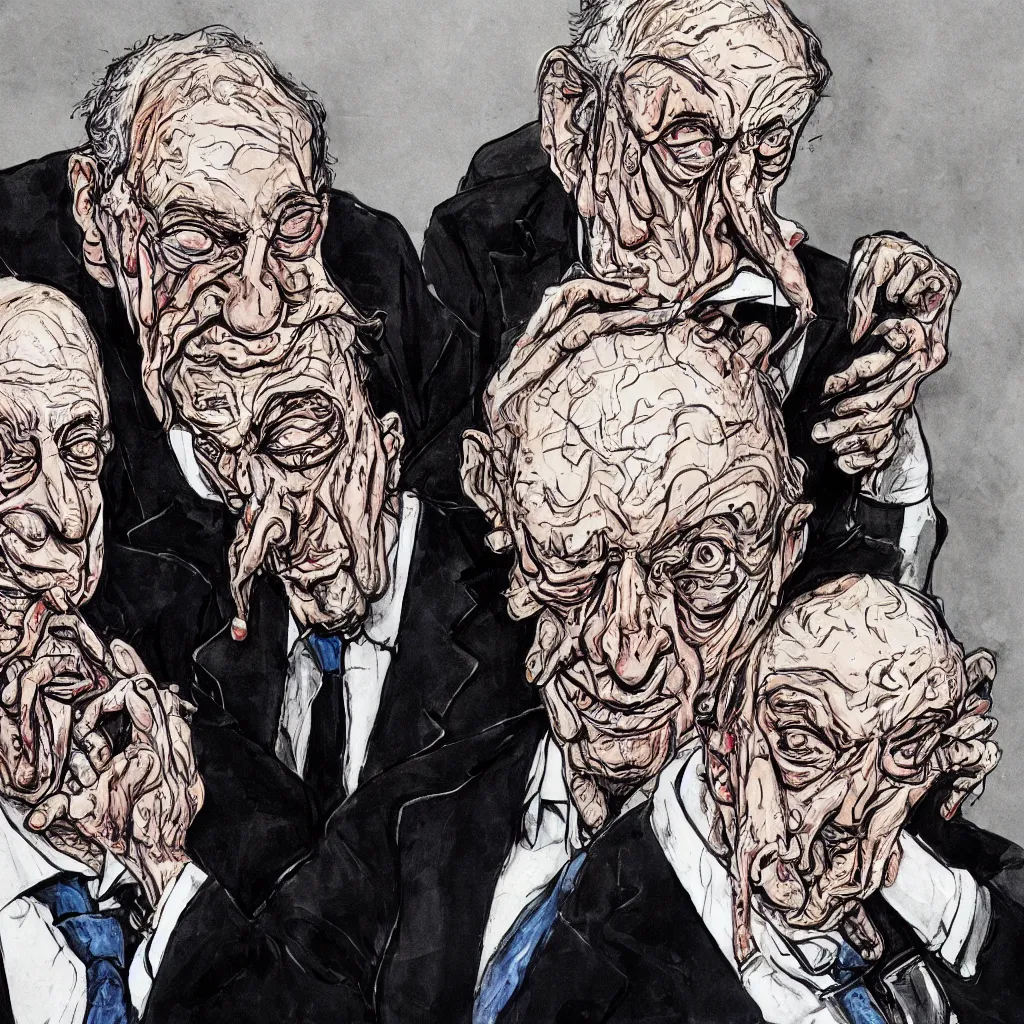 Image similar to Jacob Rothschild and george soros by Ralph Steadman, illustration, body horror, biopunk, 8k , trending on artstation