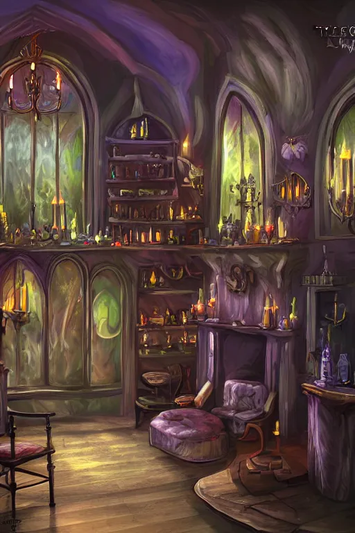 Prompt: a matte painting gothic counter parlor with bottles of potions and flickering candles colorful by, tyler edlin