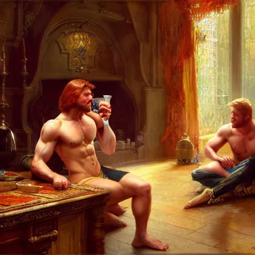 Image similar to attractive muscular mike with ginger hair with attractive tyler with brunet hair, drinking their hearts out, in their noble mansion. image defined to the maximum, highly detailed painting by gaston bussiere, craig mullins 8 k