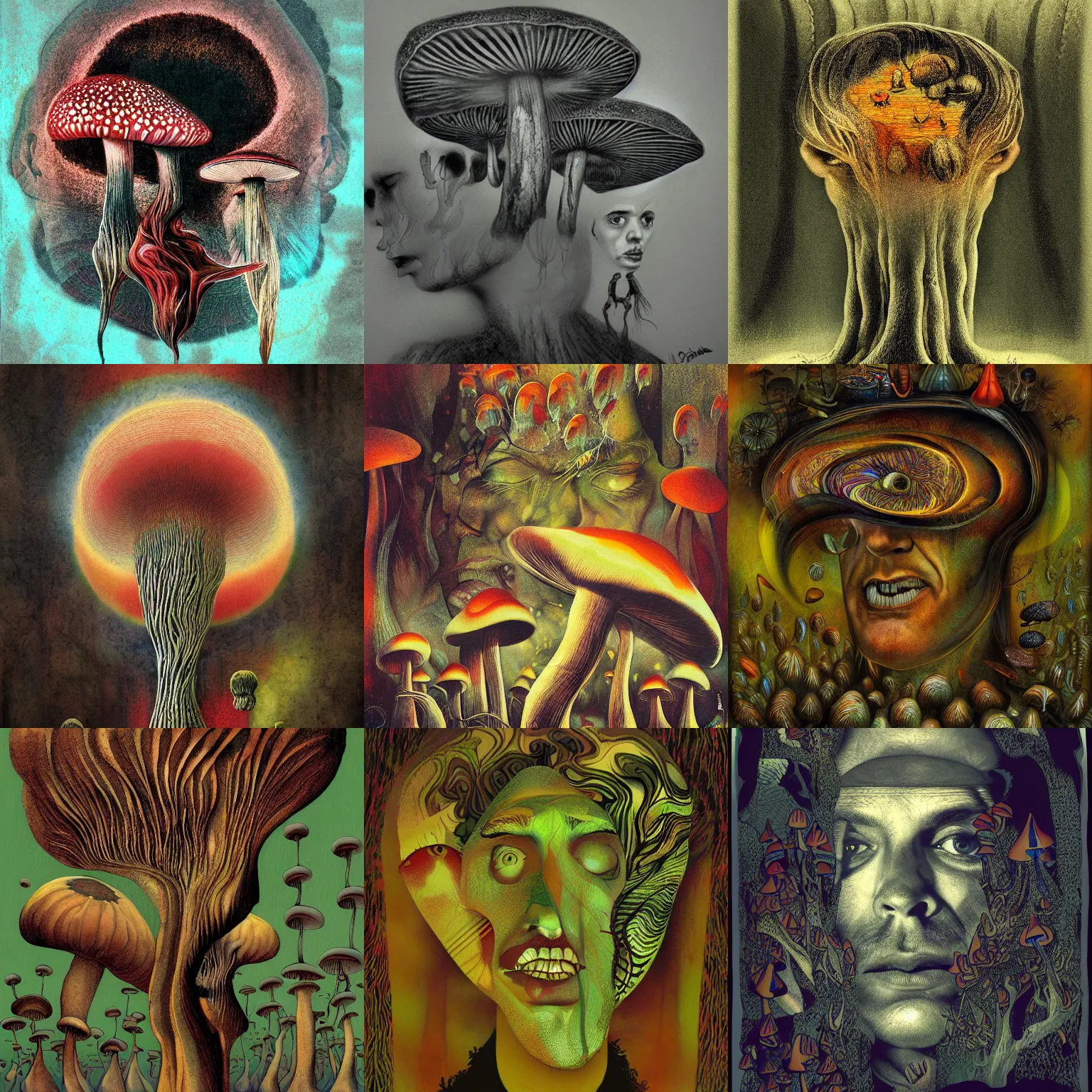 Prompt: portrait of psychedelic mushrooms dream, no fears, okay one fear, by dave mckean, highly detailed 8 k. intricate