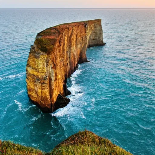 Prompt: a picture of a huge seaside cliff with a beach at the bottom, and small bronen huts in the beach, and a huge mansion on the top of the cliff