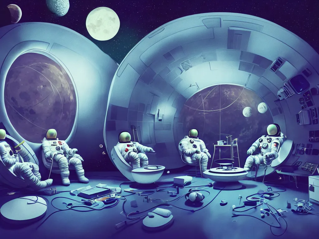 Prompt: a team of therapists calmly attend to an astronaut in a psychedelic therapy session, inside a midcentury modern architecture lunar module, on the surface of the moon, concept art, science fiction industrial hard science concept art, 8 k render octane high definition