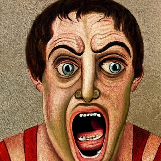 Image similar to portrait of ancient greek idiot yawning with big eyes and sharp nose. fine detail. artistic painting by lurid