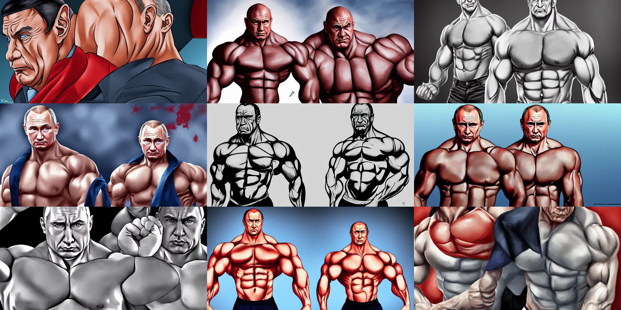 Prompt: vato vladimir putin, big muscles, anime, illustration, hyper realistic