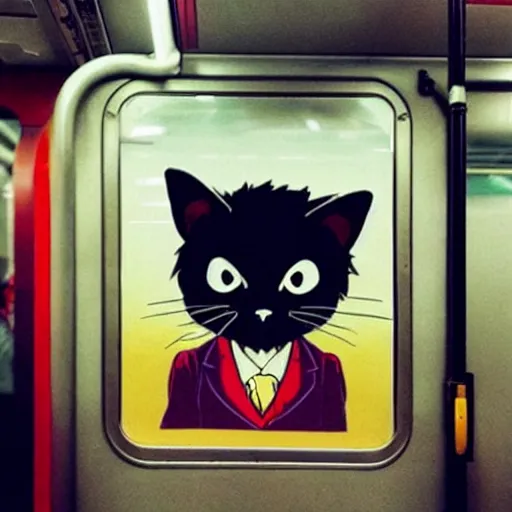 Prompt: “ angry cat wearing a suit riding the subway in new york city, studio ghibli, spirited away, princess mononoke, anime style, by hayao miyazaki ”