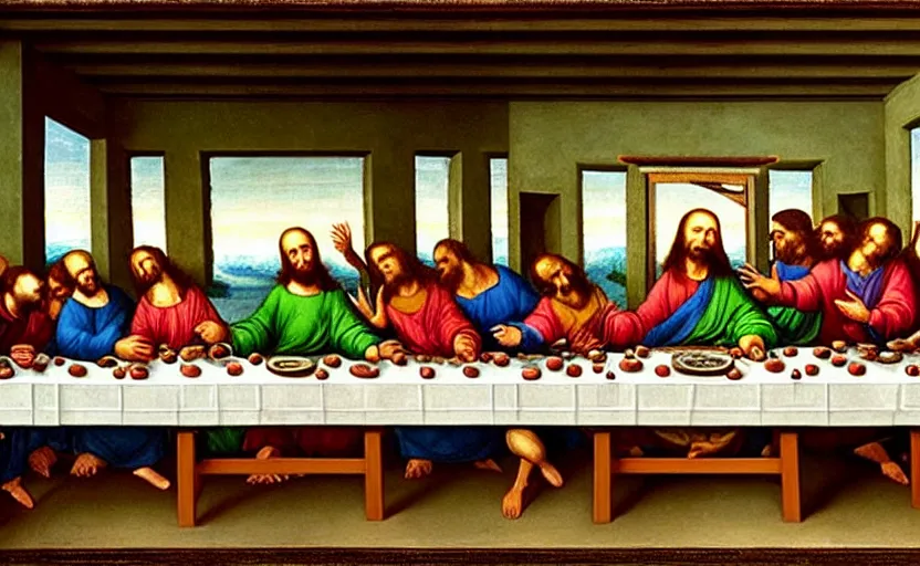 Prompt: painting of the last supper with pepe the frog as christ, painting by leonardo da vinci
