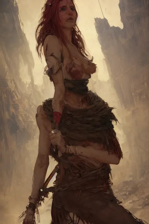 Image similar to a full body portrait of a beautiful post apocalyptic offworld shepherds quarter bedouin blind pulp fiction scarlet wild rogue barbarian leper begging by the roadside, intricate, elegant, highly detailed, digital painting, artstation, concept art, smooth, sharp focus, illustration, art by krenz cushart and artem demura and alphonse mucha