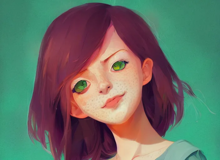 Image similar to portrait of a beautiful smiling girl with orange hair and freckles, green eyes, highly detailed, digital painting, concept art, smooth, sharp, focus, background is purple, anime key visual, lois van baarle, ilya kuvshinov, rossdraws, artstation