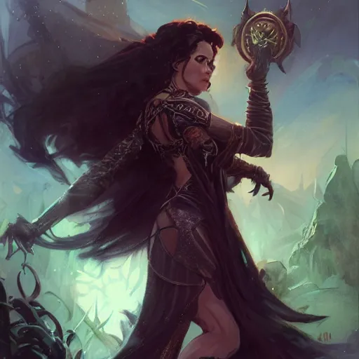 Image similar to a villainous, bewitching sorceress, auburn outfit, black hair, curvy crossfit build, fantasy character portrait by greg rutkowski, gaston bussiere, larry elmore