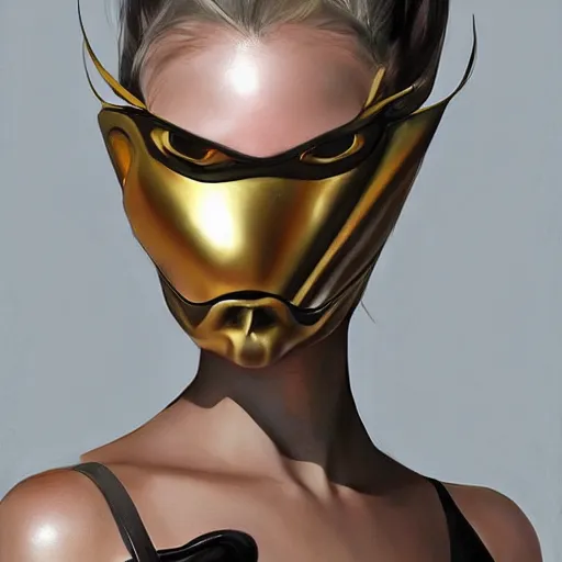 Image similar to A masterpiece portrait of a Incredibly beautiful futuristic high fashion russian model girl with designer mask made of steel and latex. trending on artstation, digital art, by Stanley Artgerm Lau, WLOP, Rossdraws, James Jean, Andrei Riabovitchev, Marc Simonetti, Yoshitaka Amano