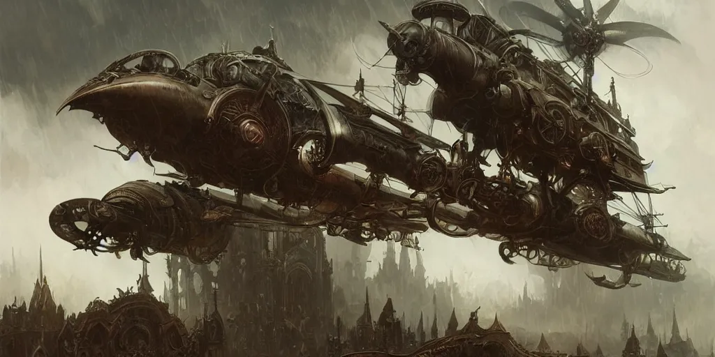 Image similar to ultra realistic illustration,, gothic steampunk airship flying in a storm from doom and warhammer, intricate, elegant, highly detailed, digital painting, artstation, concept art, smooth, sharp focus, illustration, art by artgerm and greg rutkowski and alphonse mucha