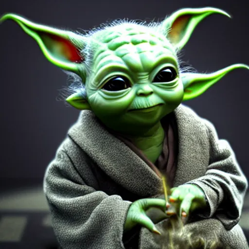 Image similar to full body pose, hyperrealistic photograph of a unique baby yoda, dim volumetric lighting, 8 k, octane beautifully detailed render, extremely hyper detailed, intricate, epic composition, cinematic lighting, masterpiece, trending on artstation, very very detailed, stunning, hdr, smooth, sharp focus, high resolution, award, winning photo, dslr, 5 0 mm